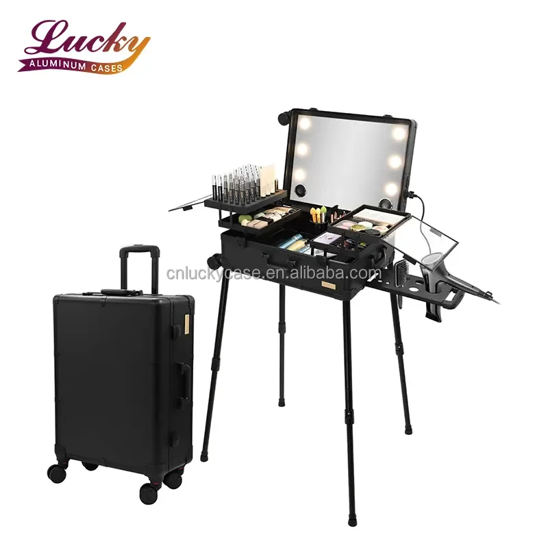 Professional Large Portable Dressing Table with Open Closure Foldable Led Mirror Makeup Case for Studio Makeup Artists