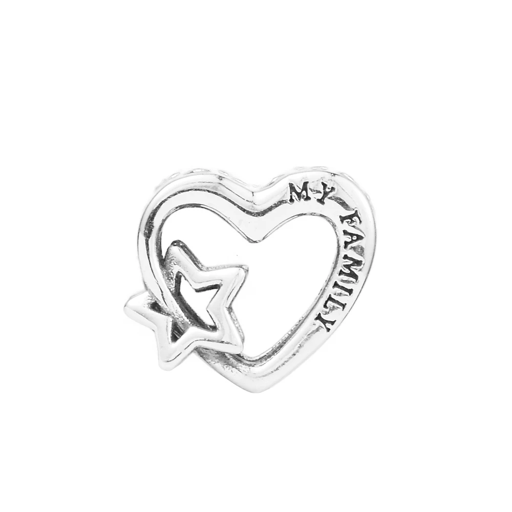 Openwork Family Heart & Star Charm Christmas Crystals Beads For Jewelry Making Mother Kids 925 Sterling Silver Accessories