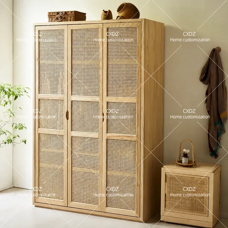 Solid Wood Wardrobe Sliding Door Nordic Ash Wood Bedroom Locker Indonesian Rattan Storage Closet