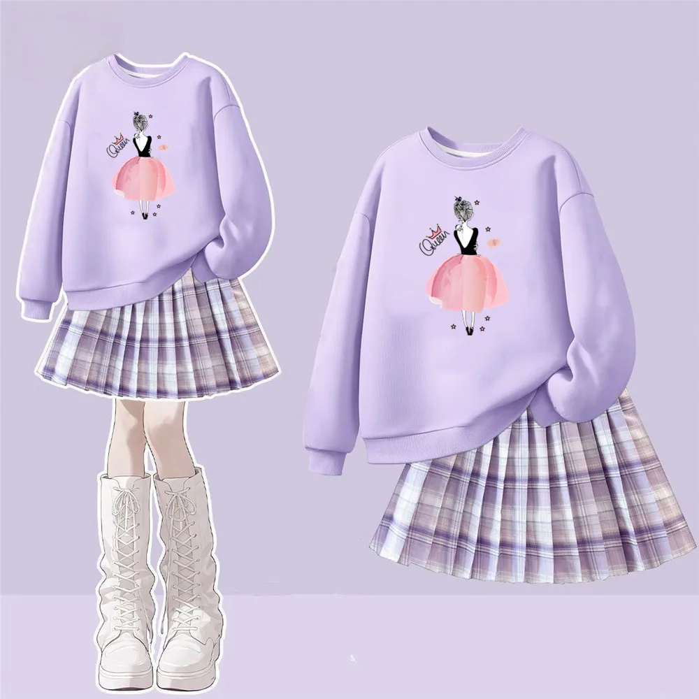 2-teiliges Rock-Set für kleine Mädchen, Prinzessin, Ballerina, Queen-Print, Sweatshirt mit Rundhalsausschnitt, kariertes Faltenrock-Outfit für Frühling und Herbst