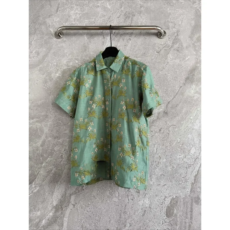 

Green Floral Embroidery Short Sleeve Blouse Tops 2025 Linen