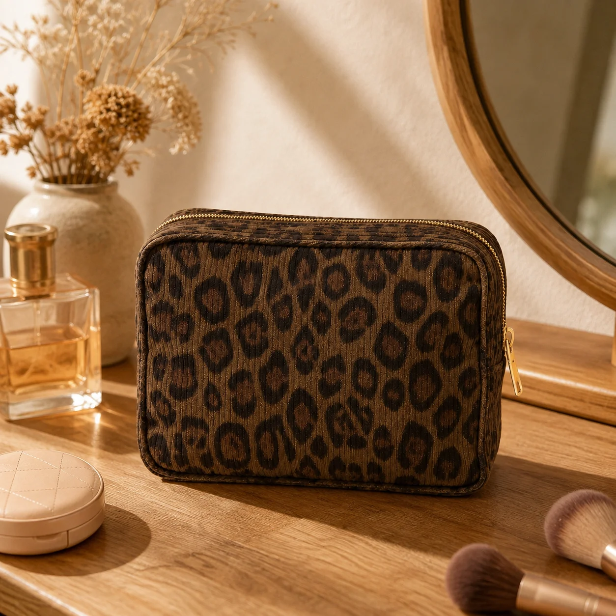 Leopard Cosmetic Bag Vintage Corduroy Makeup Pouch for Women Vanity Weekend Travel Toiletry Case Beauty Organizer Storage