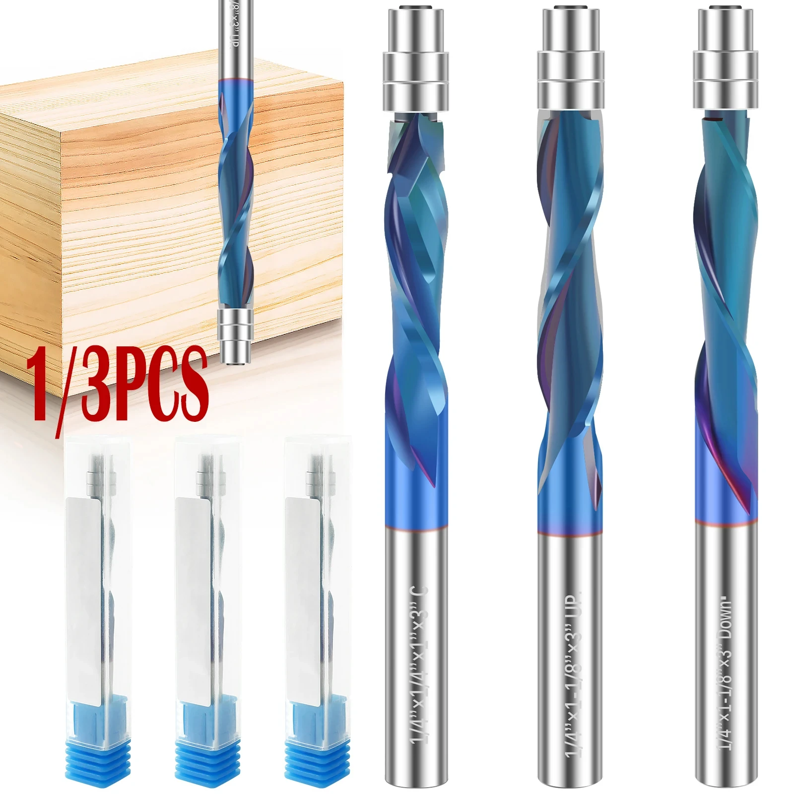 1/3Pcs Bearing Guided Milling 1/4 Inch Shank Carbide Cutters Spiral Flush Cutter Bit Up Down Compression Router Bit Woodworking