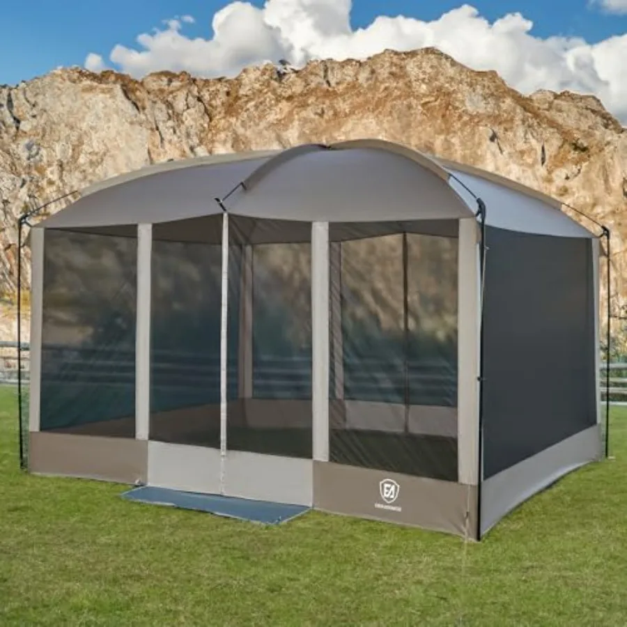 

Camping picnic screen house, 11x9ft, brown polyester mesh with magnetic hands-free entry and UV sun protection