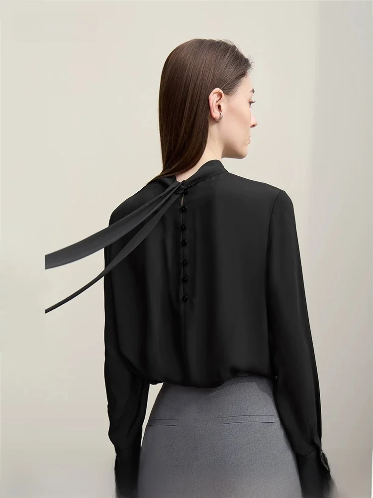 

Elegant Commuter Style Stand Collar Tied Waist Chiffon Top Women's High End Drapey Top Autumn New Arrival Brand