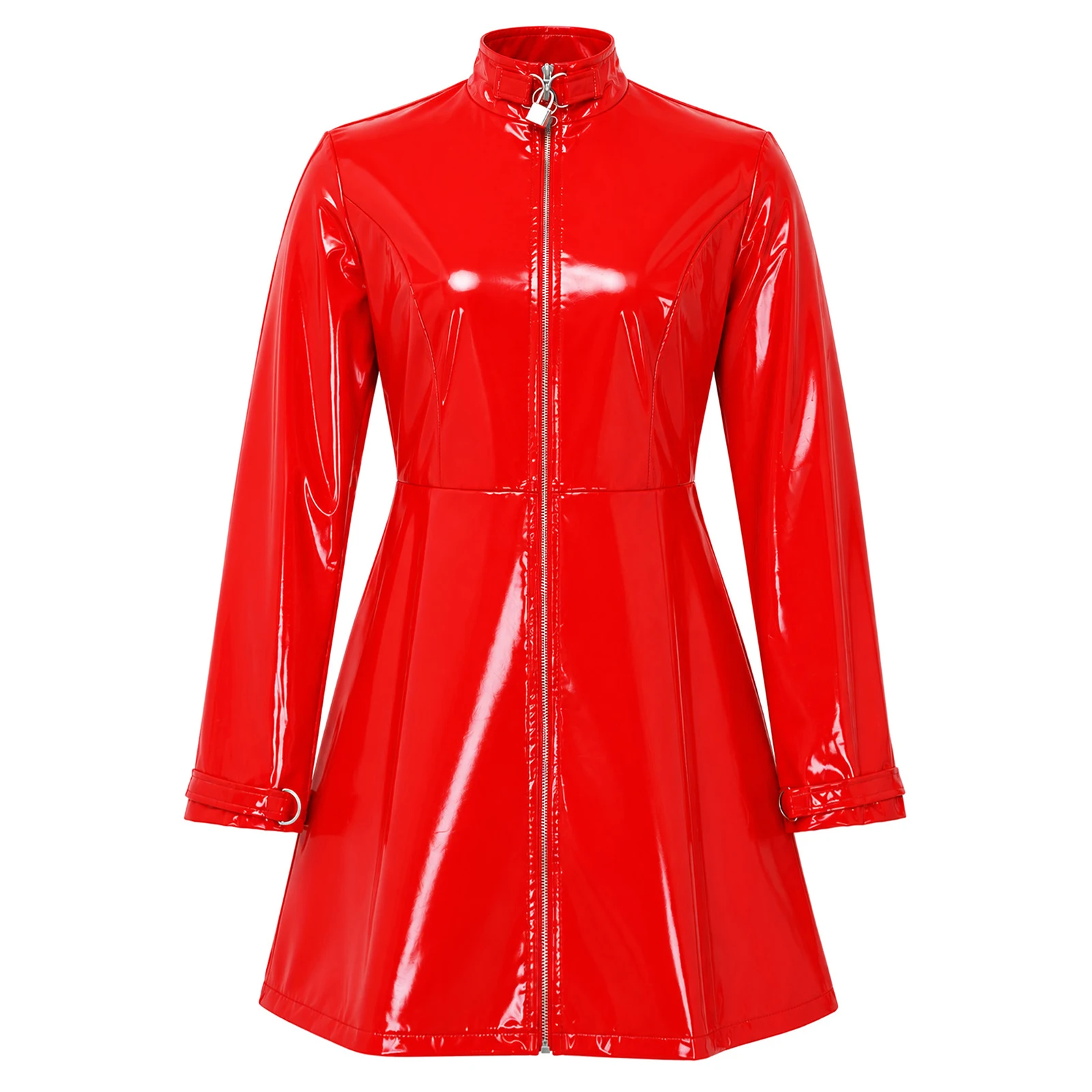 Women PVC Patent Leather Dress Short Pleated Dress Locks Hook Nightclub Party Long Sleeve Gown Slim Fit Zipper Open A-line Dress