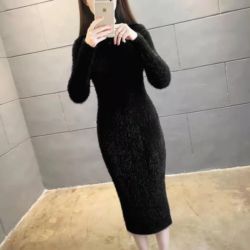 Women\'s Winter Clothing 2024 Imitation Mink Wool Thick Warm Turtleneck Sweater Dress Sheath Bodycon Dresses For Women Casual