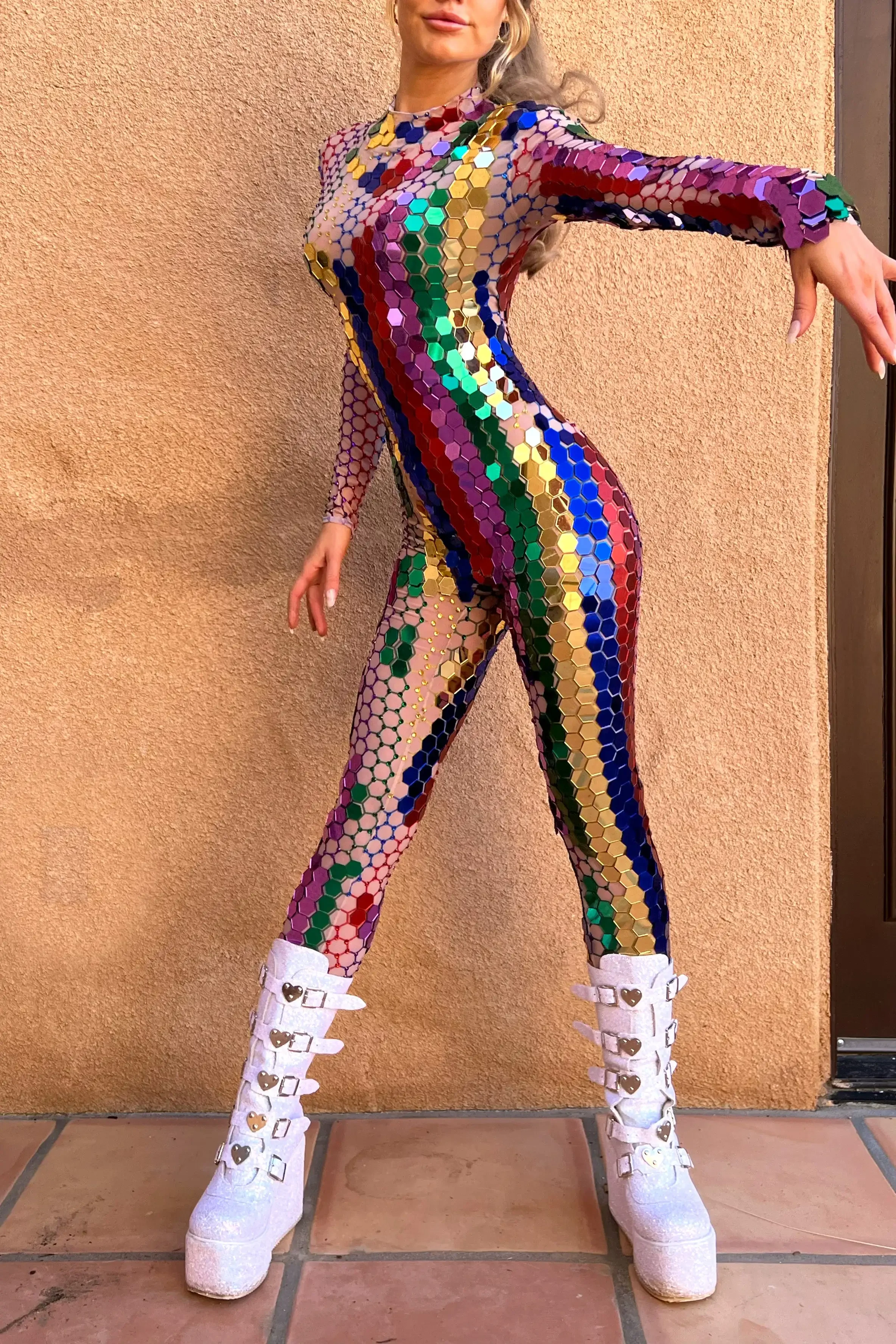 Sexy Colorful Rhinestones Mirrors Jumpsuit Pole Stage Performance Leggings Birthday Celebrate Dance Stretch Outfit Prom Bodysuit