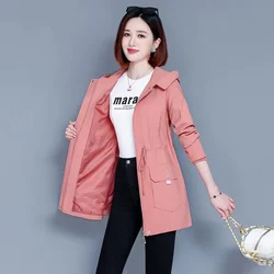 2024 New Autumn Women Korean Trench Coat Long Sleeve All-Match Casual Windbreaker Female Hooded Loose Basic Coats Lady Outwear