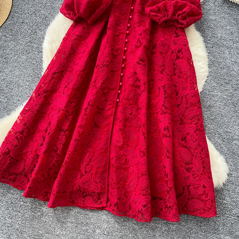 Spring Autumn High End Elegant Birthday Party Women's Dress New French Hook Flower Single Breasted Slim Lace Long Dress S89