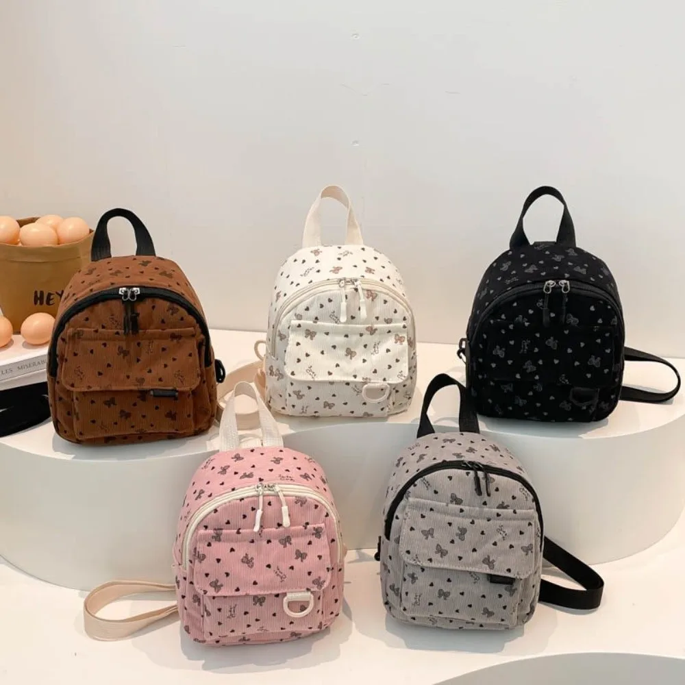 

Casual Adjustable Shoulder Strap Crossbody Bag Bow Pattern Lightweight Mini Rucksack Corduroy Travel Backpack Women