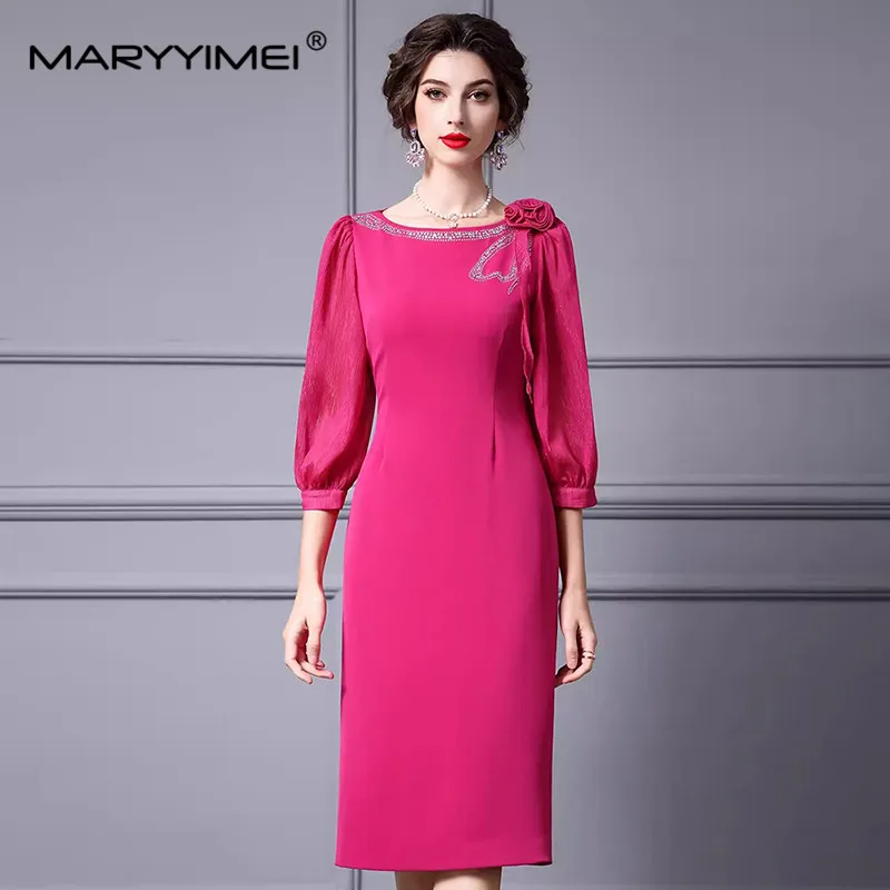 MARYYIMEI Fashion Women\'s New Round Neck Three Quarter Sleeved Three-Dimensional Flower Diamond High-Waisted Hip Wrap MIDI Dress