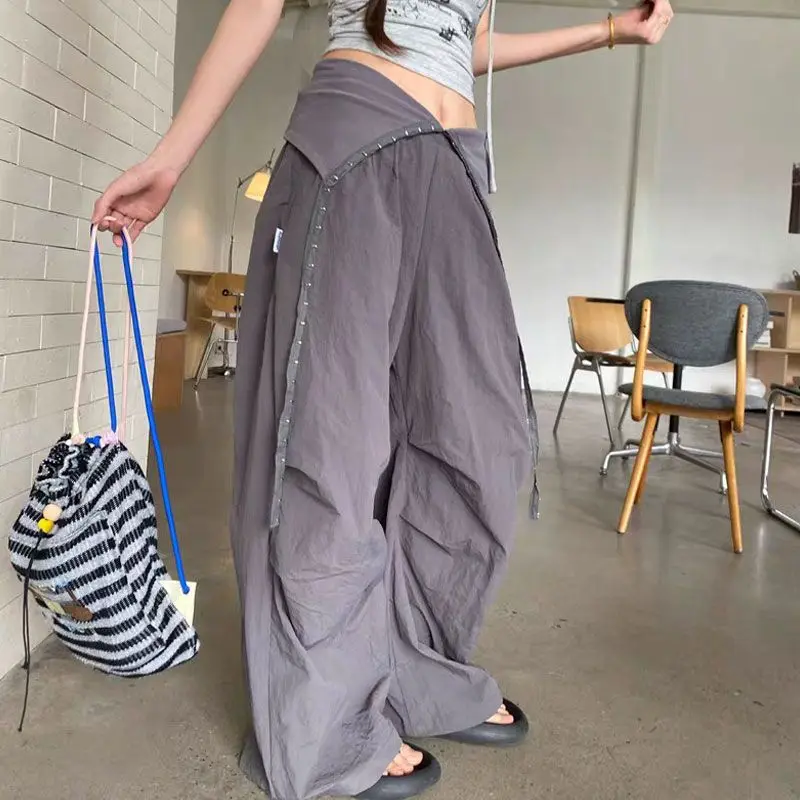 Deeptown Vintage Letter Women Cargo Pant Wide Leg Hip Hop American Style Parachute Pants Loose Grunge Trousers Streetwear Casual