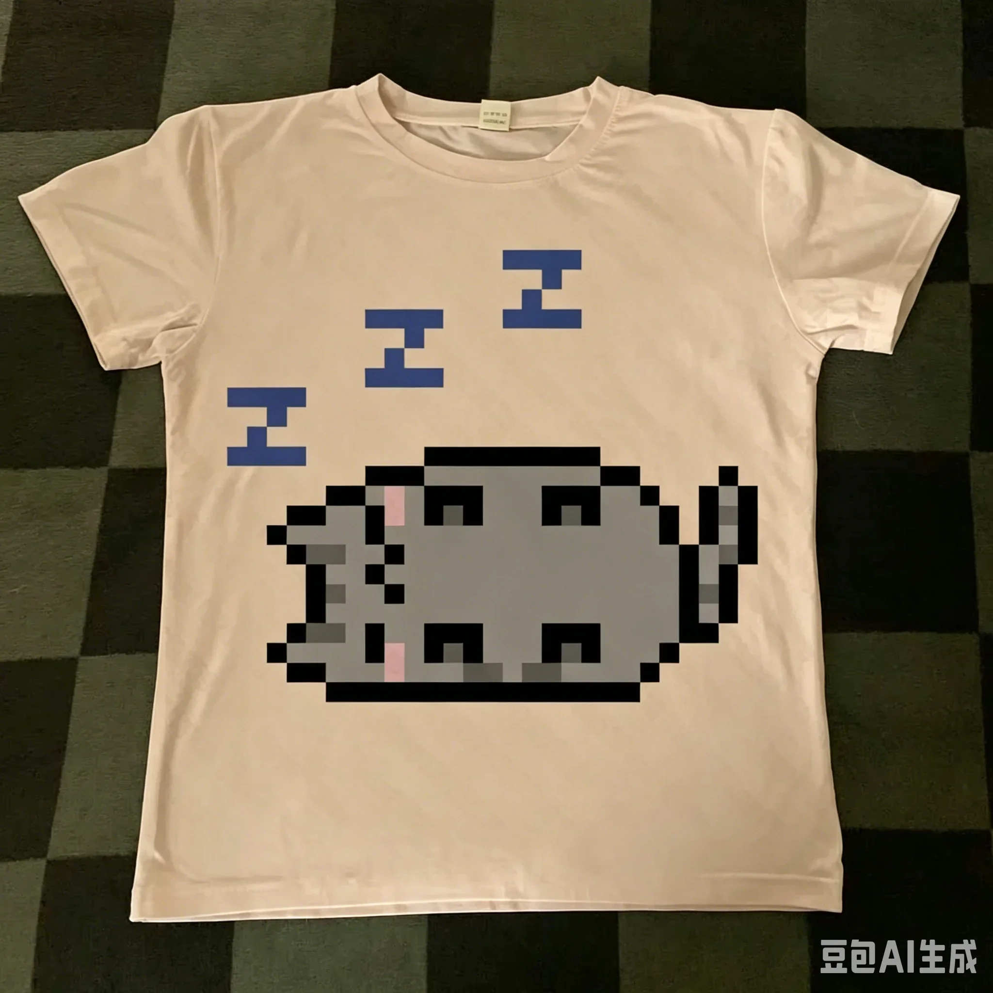 2026 Cute Sleepy Gray Pixel Cat Three Zzz Symbol Graphic T Shirt Simple Pixel Animal Print White Cotton Short Sleeve Tee