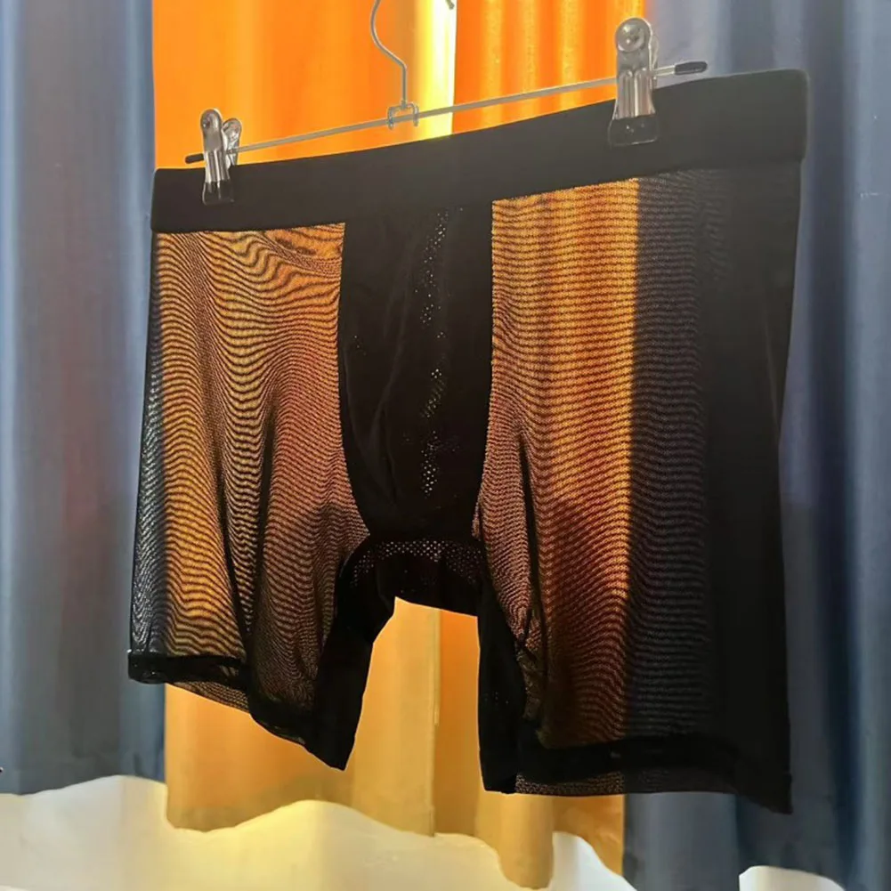 

Men Mesh Transparent Long Leg Shorts Elastic Lingerie Mid Waist Breathable Soft Panties Boxers Trunks See Through Underpants