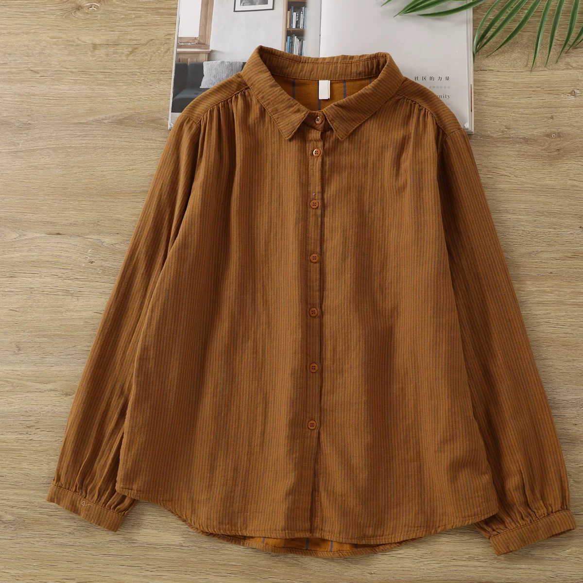 100% katoenen garen dames gestreepte shirts Japan stijl casual roze groen blauw streep blouses met lange mouwen kantoor dames tops