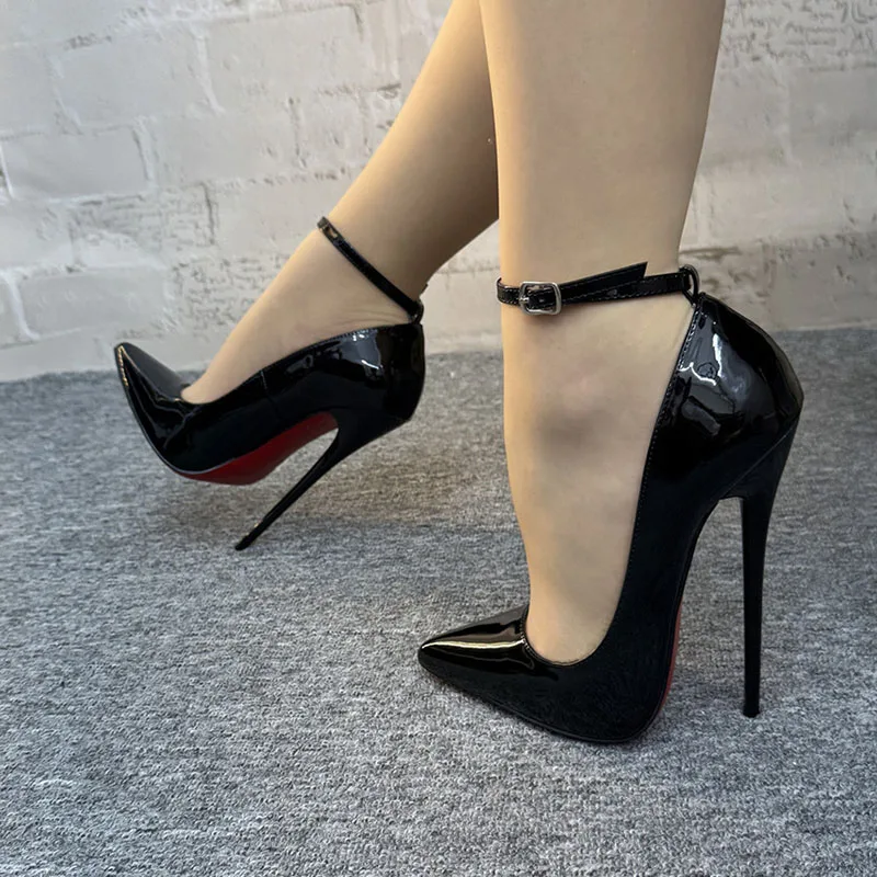 

Black Patent Leather 14/16CM Ultra Stiletto High Heels Pointed Toe Ankle Buckle Pumps Elegant Party Catwalk Pole Dance Shoes