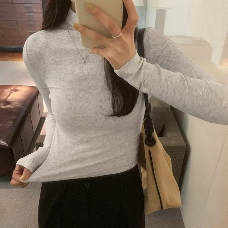 Grundlegende Baumwolle T Shirt Frauen Rollkragen Dünnes T-shirt Langarm T-shirts Weibliche Casual Elastizität Weiß T Shirt Femme Frau Top