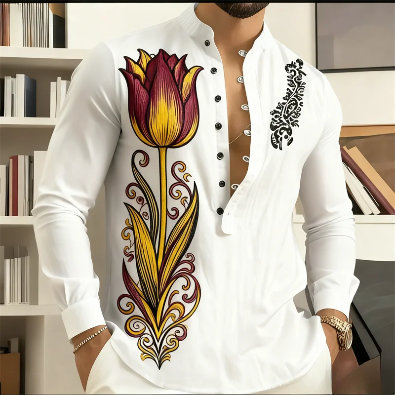

Men's Long Sleeve Tulip Print Ethnic Shirt | Mandarin Collar Slim Fit | White Red Yellow Pattern | Business Casual Formal Blouse