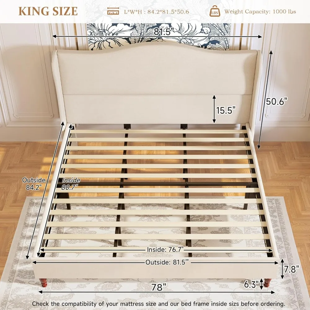 King Size Bed Frame Upholstered Platform Bed with 51