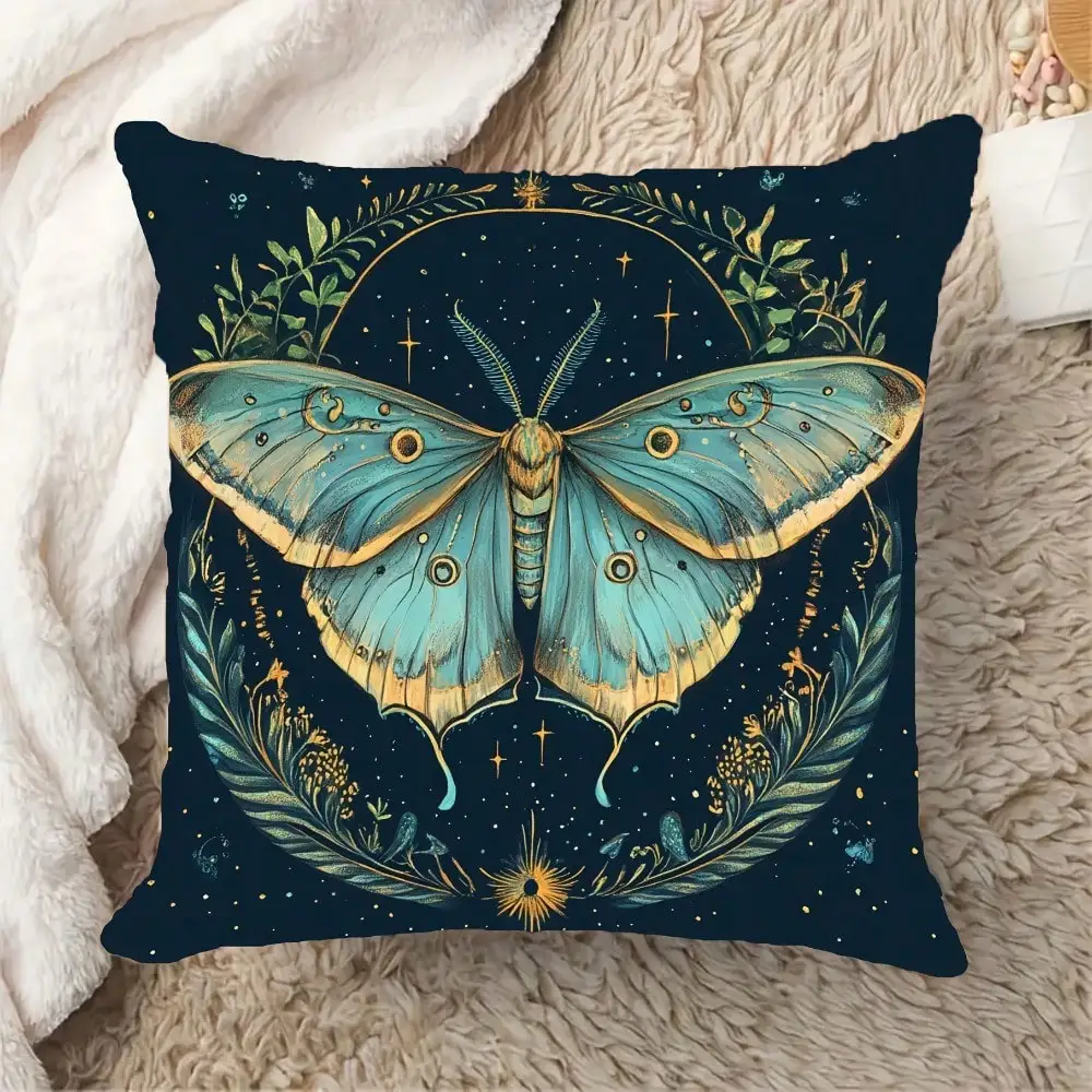 1pc 18x18 Inch Bohemian Moth & Crescent Moon Pillow Cover,Soft Plush Polyester , Machine Washable For Sofa Living Room Office Decor (No Insert), Pillows For Couch, Detailed Pattern Craftsmanship