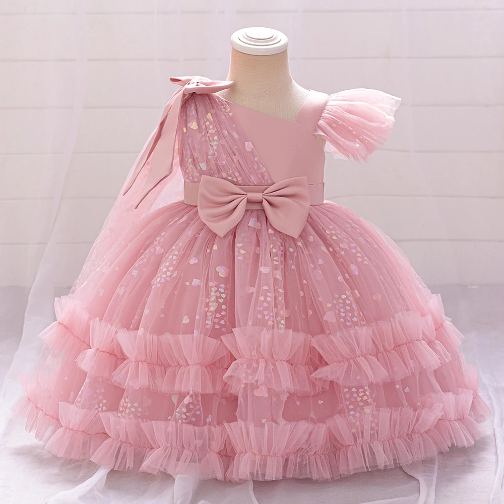 Pageant Pink 1st Birthday Dress For Baby Girl Clothes Floral Princess Tutu Dress Baptism Girls Dresses Bow Party Gown 0-4 Year