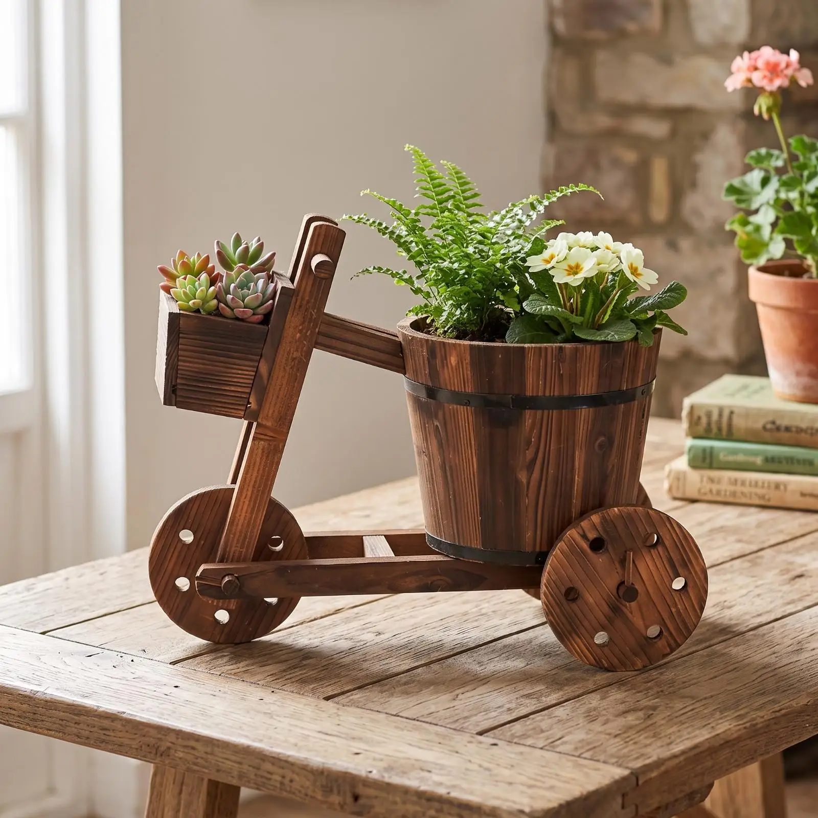 Wooden Three-Wheel Planter Rustic Flower Cart Decorative for Shelves