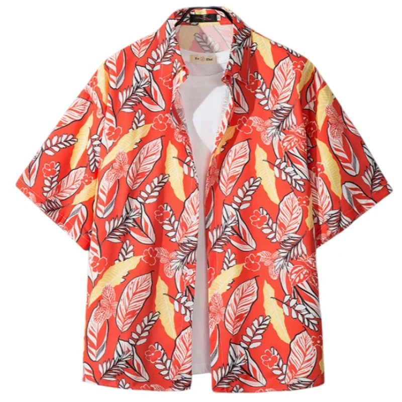 Summer Men's Short Sleeve Loose Fitting Casual Handsome Shirt Hawaiian Retro Beach Vacation Versatile Shirt Coat