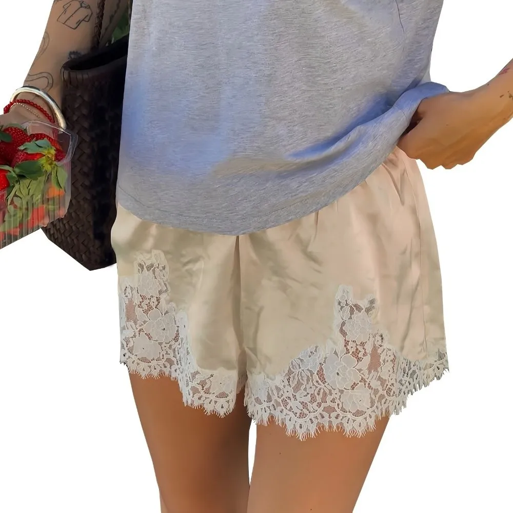 

Vintage Satin Silk Lace Patchwork Shorts Y2k Silky Sleep Shorts Lace Soft Women Shorts Pajamas