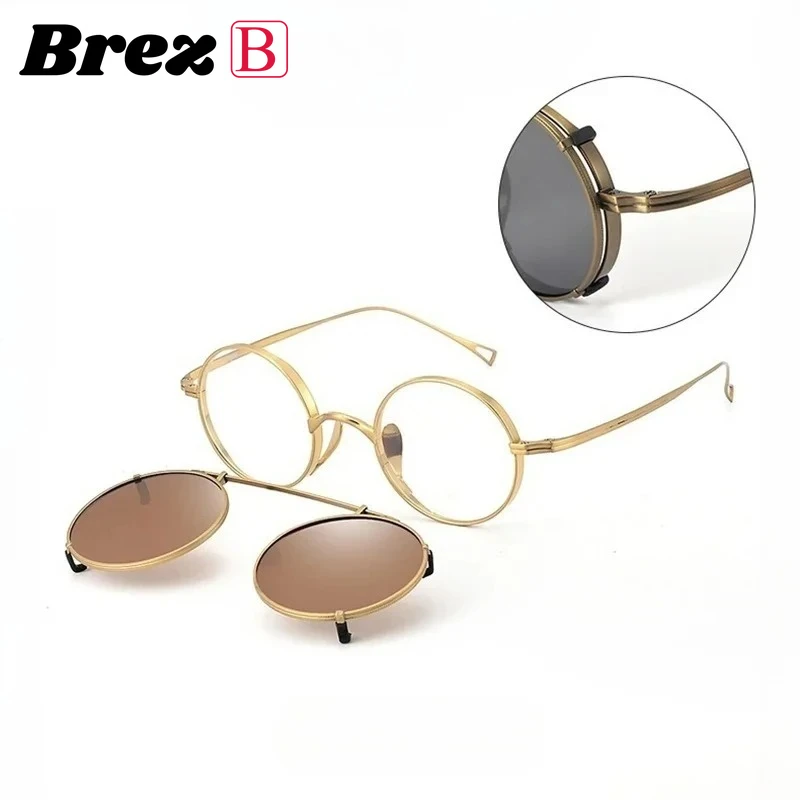 Brez كليب على النظارات الشمسية المغناطيسية نظارات دائرية التيتانيوم النقي الرجال النساء الراقية إطار النظارات البصرية Gafas وصفة طبية عدسة
