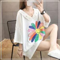 2024 New Summer Youth Sweet Academy Style Lace Flip Collar Personalized Print Loose Oversized Casual Short Sleeve Large T-shirt