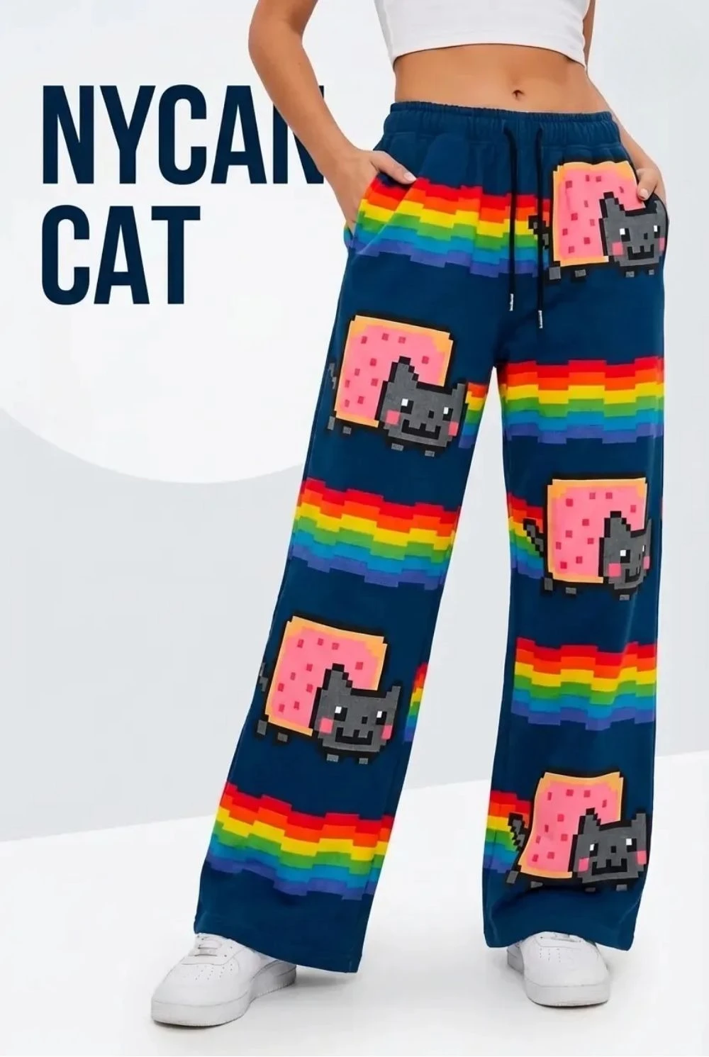 

Винтажные спортивные штаны в стиле хип-хоп с принтом Nyan Cat, брюки Y2K, свободные женские брюки с эластичным поясом, американский уличный стиль, повседневные джоггеры, женская одежда