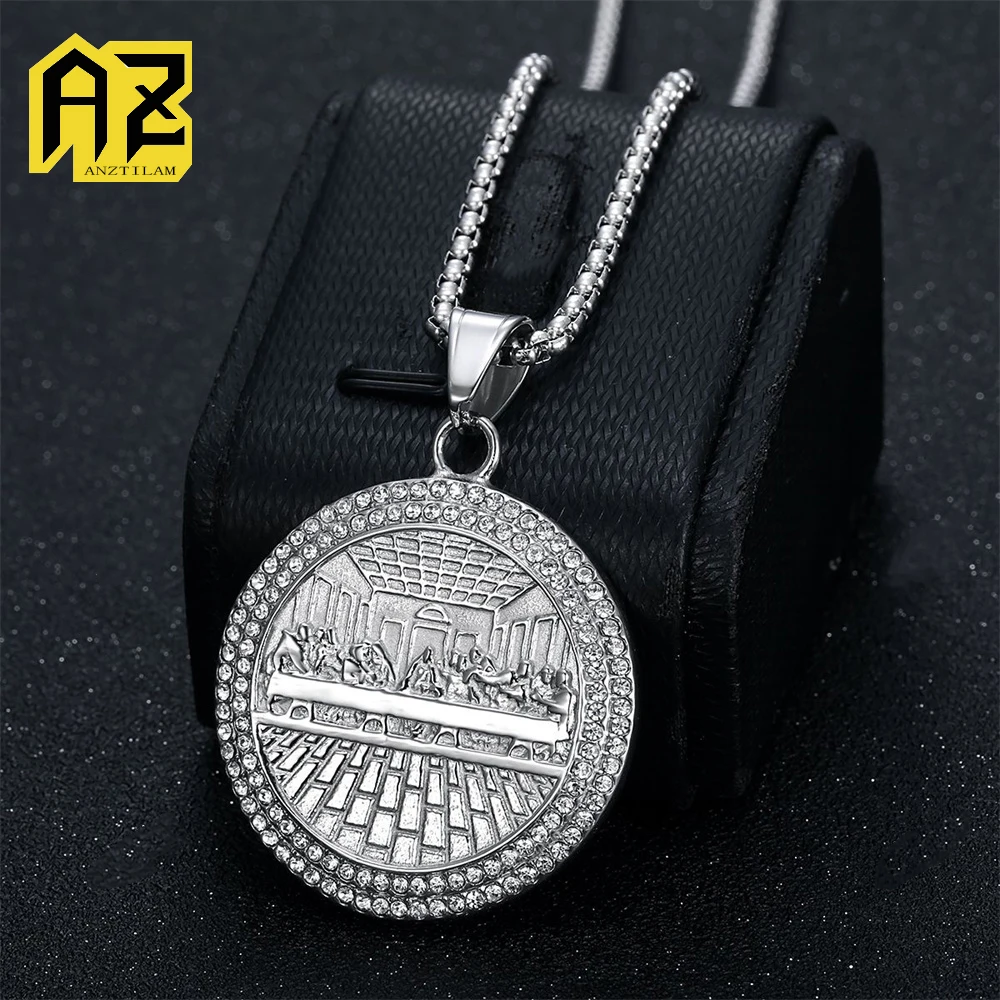 

Anztilam No Fade Круглый ужин из нержавеющей стали 316L Кулон со льдом и длинной цепочкой Ожерелья для женщин и мужчин Ювелирные изделия в стиле хип-хоп