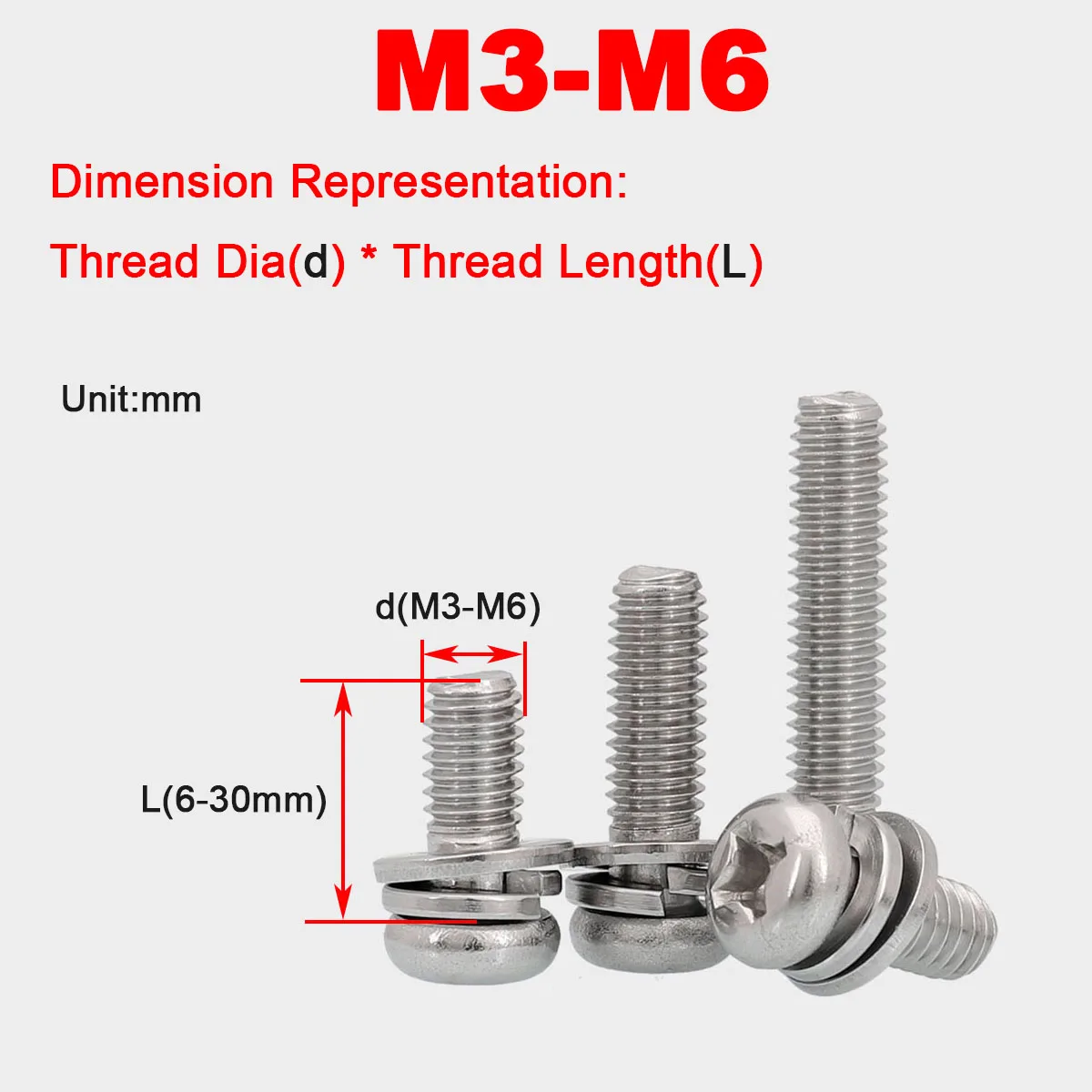 

316 Stainless Steel Round Head Cross Screw Spring Washer Flat Washer Three Combination M3M4M5M6