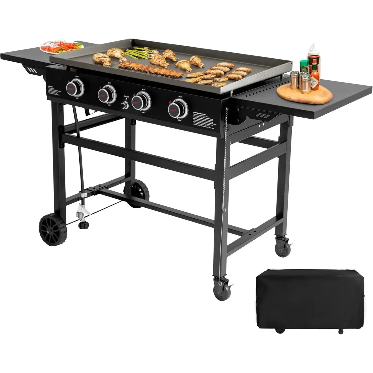 

W_Burner Propane Gas Griddle with Cover, 35 Inch Outdoor Flat Top Grill Griddle with Foldable Side Tables & 52,000 BTUs