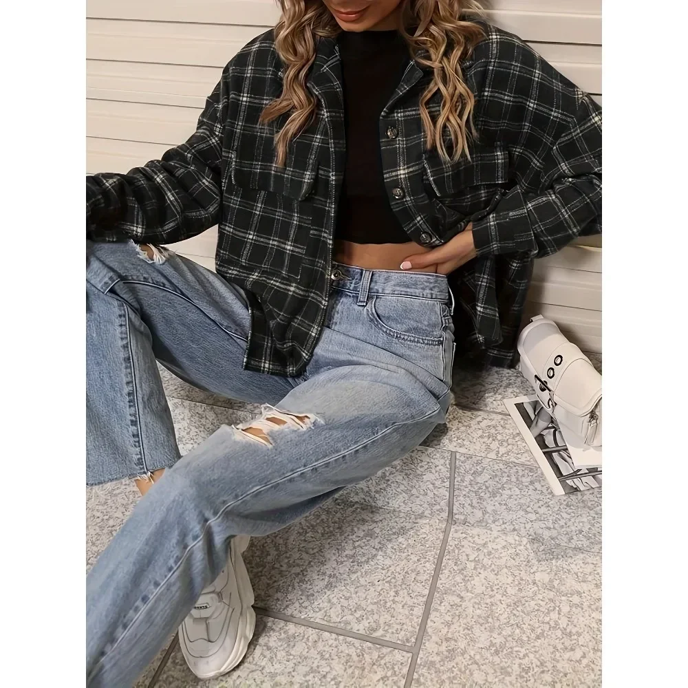 Chaqueta de talla grande 1XL-5XL para mujer, camisas con estampado a cuadros de manga larga para otoño e invierno, chaqueta tipo túnica informal con botones y cuello simulado