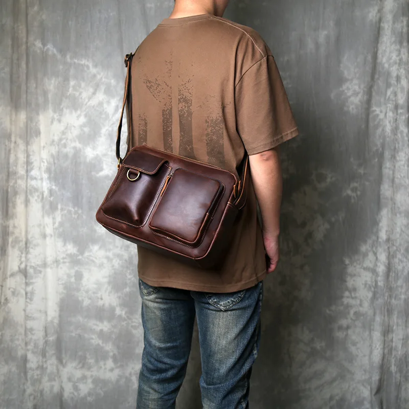 Vintage Crazy Horse Leather Messenger Bag  Retro Top Grain Cowhide Crossbody Satchel, Large Capacity Genuine Leather Anti-Theft