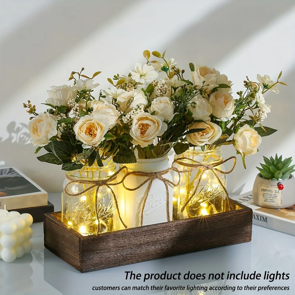 

3Pcs Mason Jar Table Decorations Decor with Wood Tray and 3 artificial roses,artificial flower decorations,without light string