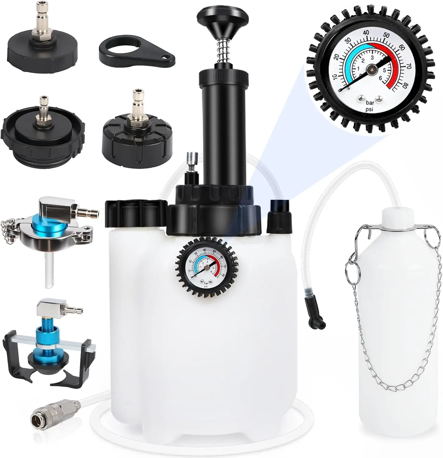 

Ручной насос для прокачки тормозов объемом 3 л с бутылкой 1 л и 5 адаптерами для универсальной совместимости автомобиля