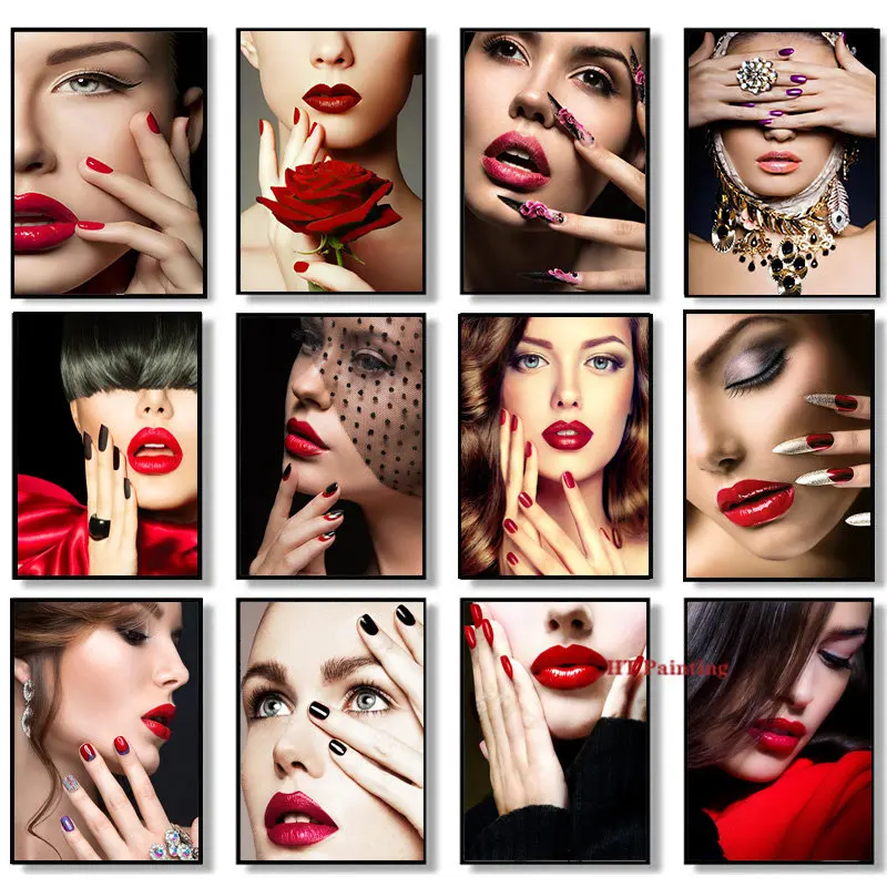 Beauty Salon Poster Fashion Nail Shapes Red Lips Canvas Painting Beautiful Makeup Girl Wall Pictures Home SPA Salon Decor