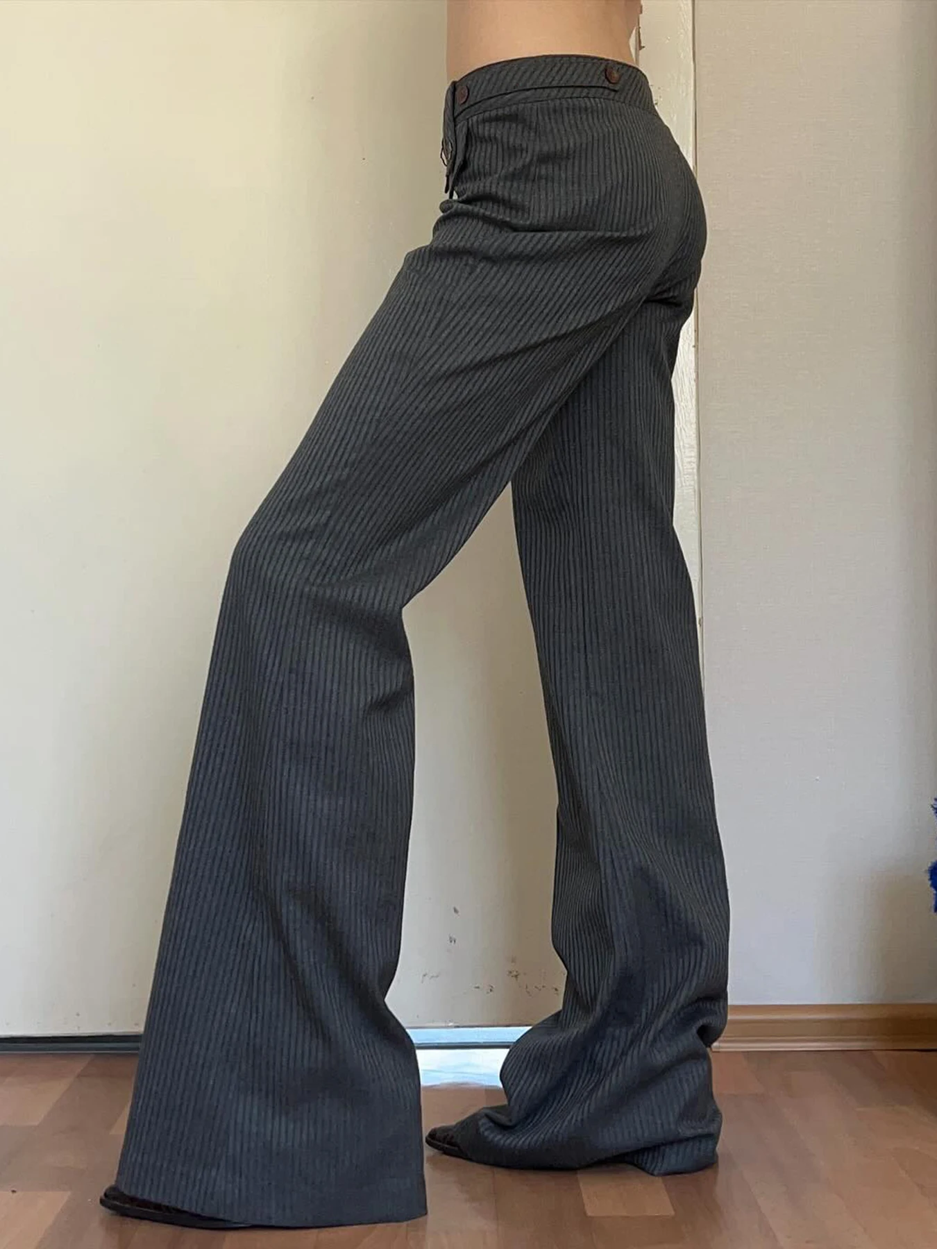 Weekeep y2k Streetwear Striped Suit Pants Korean Fashion Button-up Loose Flared Pants Women Casual Basic Trousers Vintage 2000s