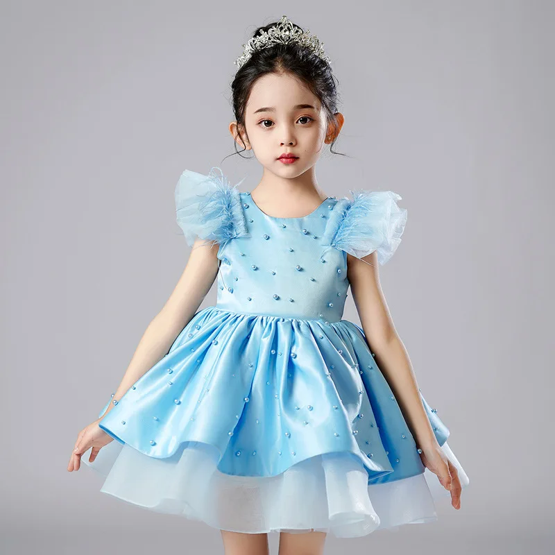 

Princess Dress New Bead Flying Sleeves Spliced Mesh Cake Dress Wedding Flower Child Birthday Party Children's Day Dress