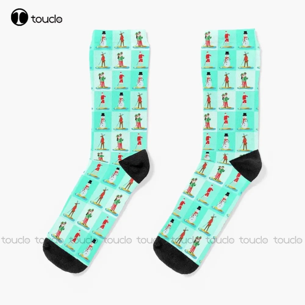 Paddleboard Christmas Funny Paddleboarding Snowmen Reindeer Elves Santa Claus Socks Athletic Socks Men 360° Digital Print