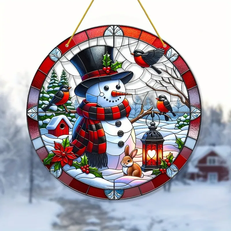 Christmas Snowman Pattern Suncatcher Round Dyed Acrylic Wall Art Window Hanging for Christmas Porch Garden Home Decor  Gifts