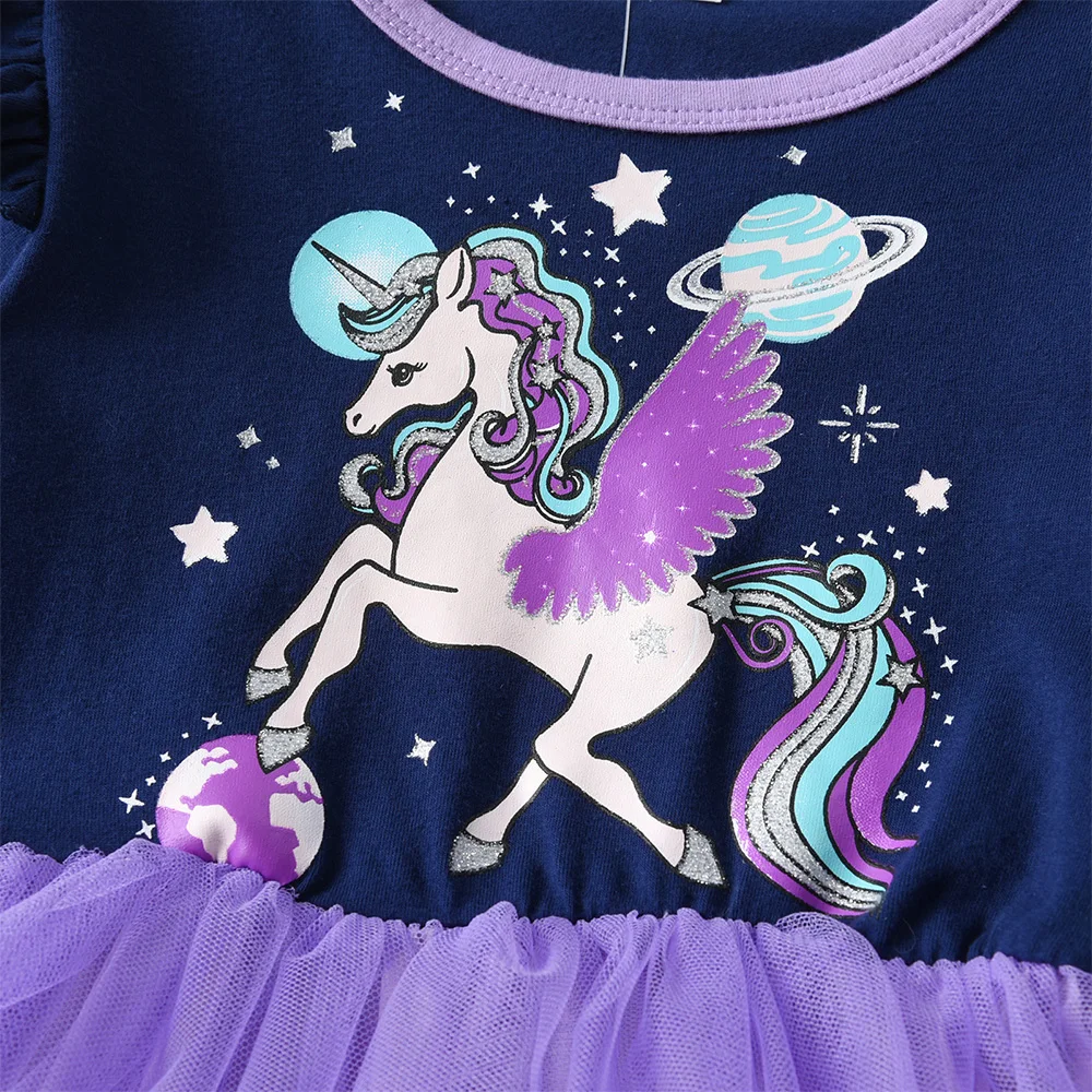 Mädchen Einhorn-Galaxie-Print Geburtstagsparty Prinzessinnen-Tutu-Kleid Kinder Langarm Herbst Mehrschichtiges Ombre-Tüll Marineblaues Kleid – Detail 6