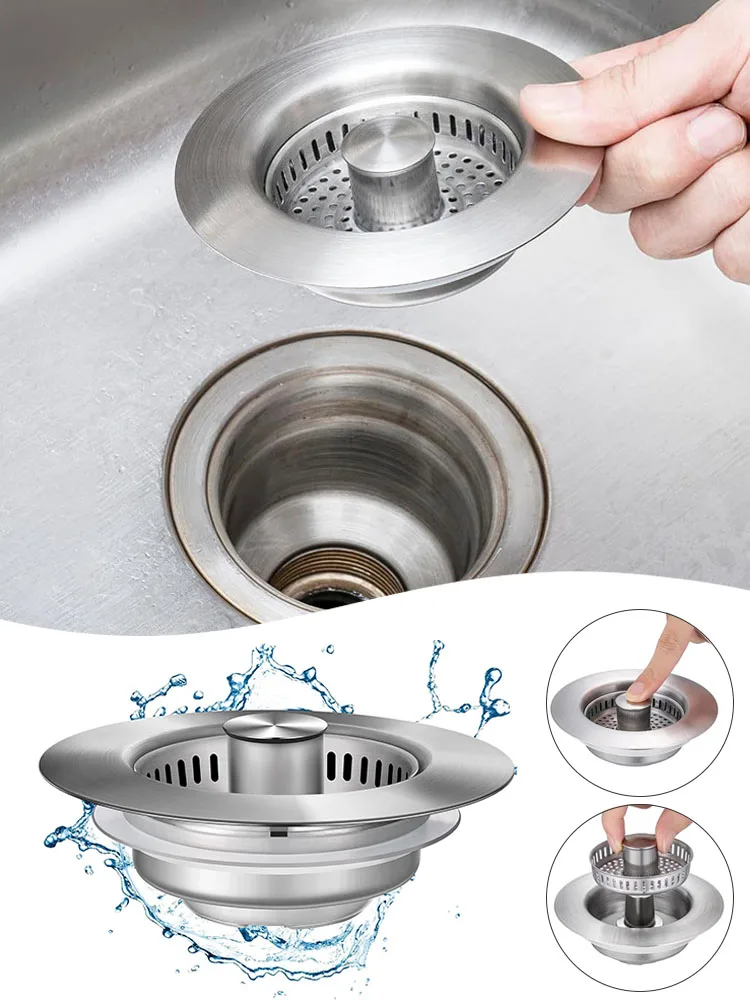 Kitchen Sink Drain Strainer Stopper Combo, Chrome Stainless Steel Wraped Shell Pop Up Sink Stopper Strainer