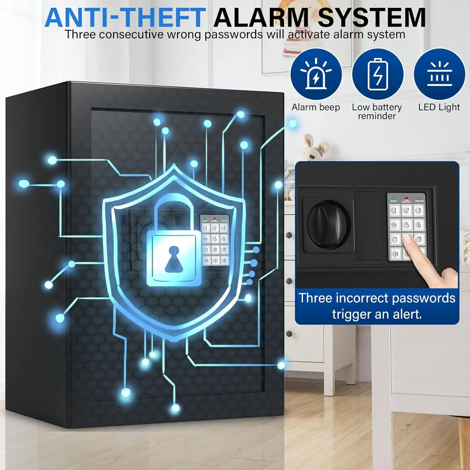 2.7 Cuft Safe Box, Home Safe with Fireproof Waterproof Bag, Anti-Theft Digital Security Lock Box with Smart Alert System, Remova