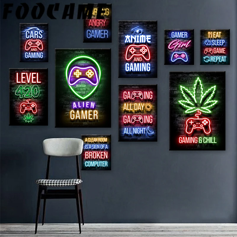 Neon Gamepad Game Zone Poster Canvas Painting Art Print Home Gamer Slogan Retro Gaming Decorative Wall Pictures for Room