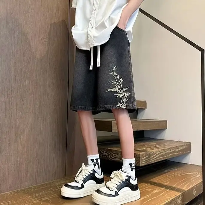 Men's Washed Denim Shorts with Embroidery Summer Lightweight Casual Loose Straight Fit Streetwear 5 Inch Inseam