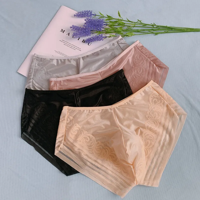 Mens Briefs Satin Jacquard Silky Panties Low Waist Pouch Underwear Seamless See Through Lingerie Crossdressing Sissy Brief